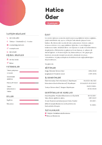 Beslenme Uzmanı Diyetisyen CV Örnekleri cv indir